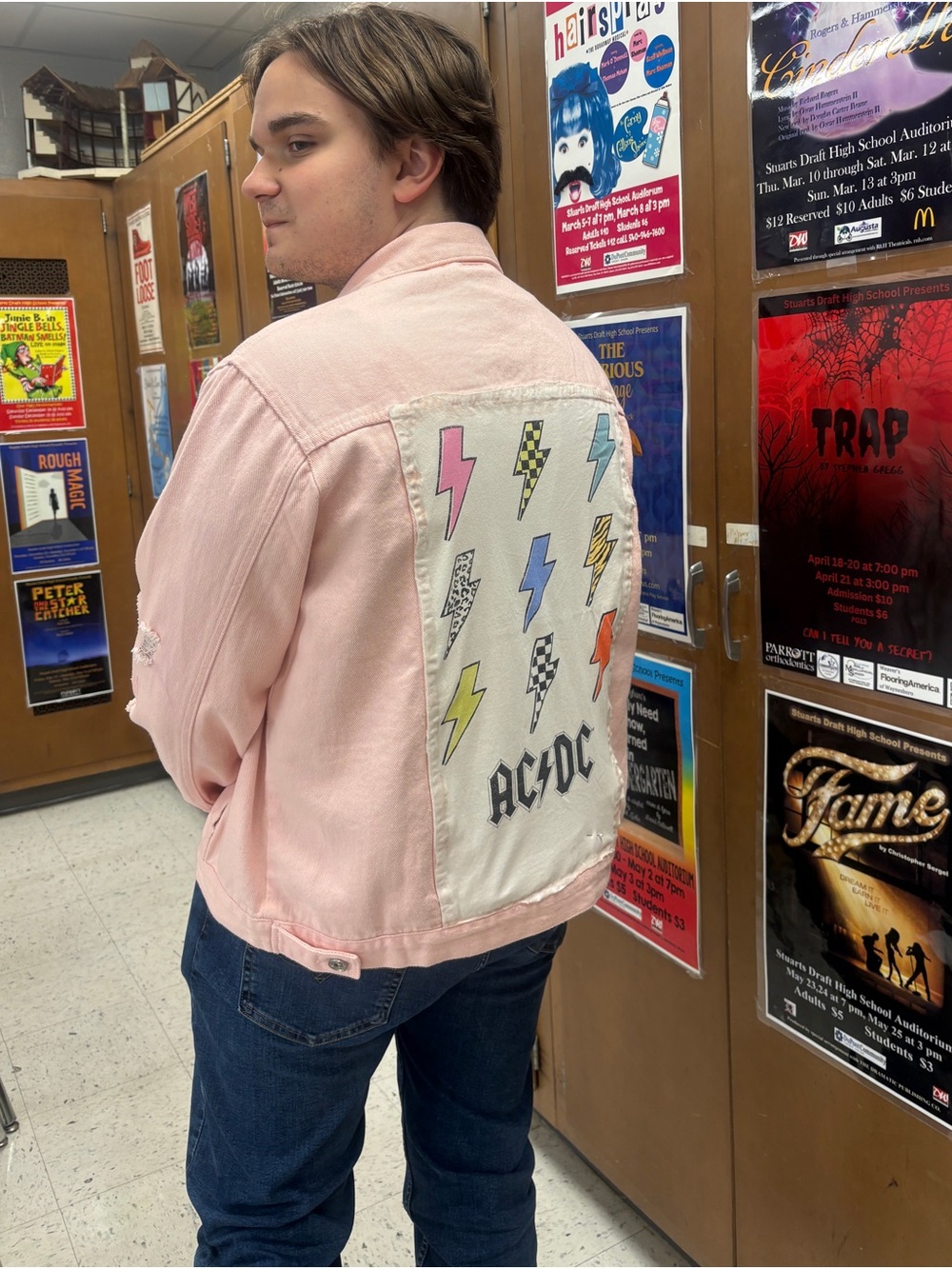 Upcycled AC/DC Pink Denim Jacket with vintage AC/DC band on back for men & women